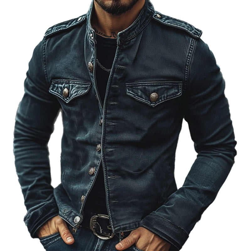 Authentic vintage style men's blue biker jacket with stand collar, slim fit, and full zip for mid-season wear.