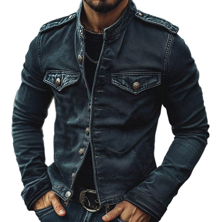 Authentic vintage style men's blue biker jacket with stand collar, slim fit, and full zip for mid-season wear.