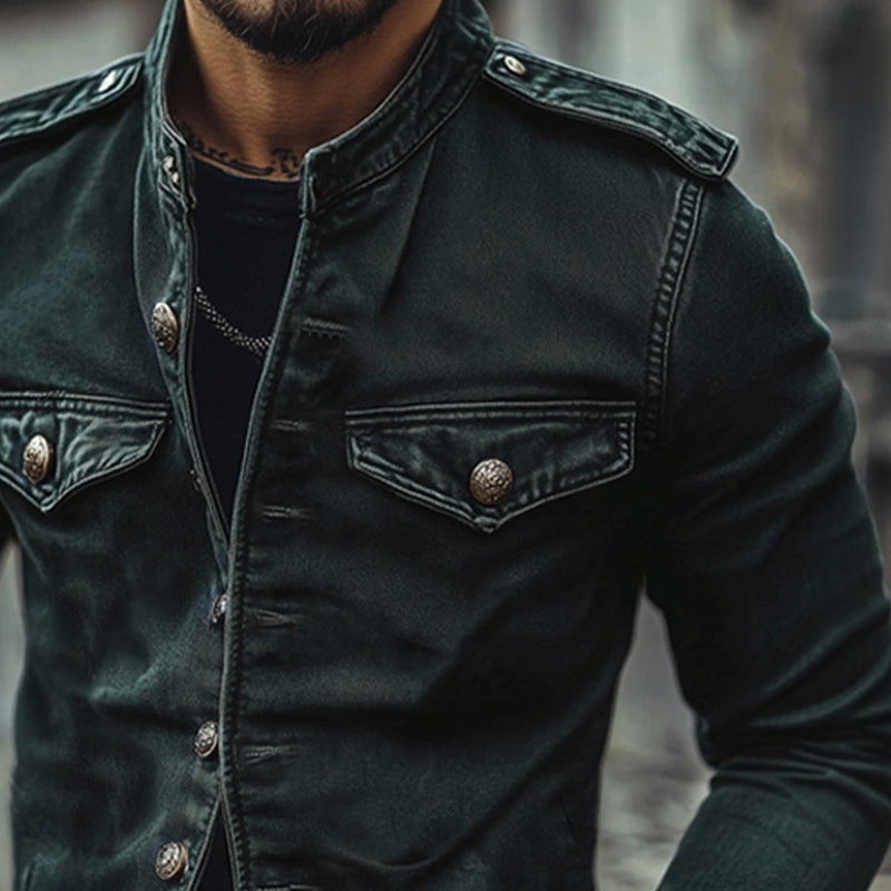 Sleek men's blue vintage biker jacket, featuring a stand collar and slim fit. Zippered mid-season casual.