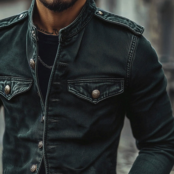 Sleek men's blue vintage biker jacket, featuring a stand collar and slim fit. Zippered mid-season casual.