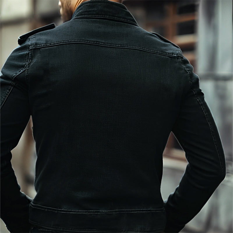 Classic men's blue biker jacket, vintage look, stand collar, slim fit. A zippered mid-season outerwear choice.