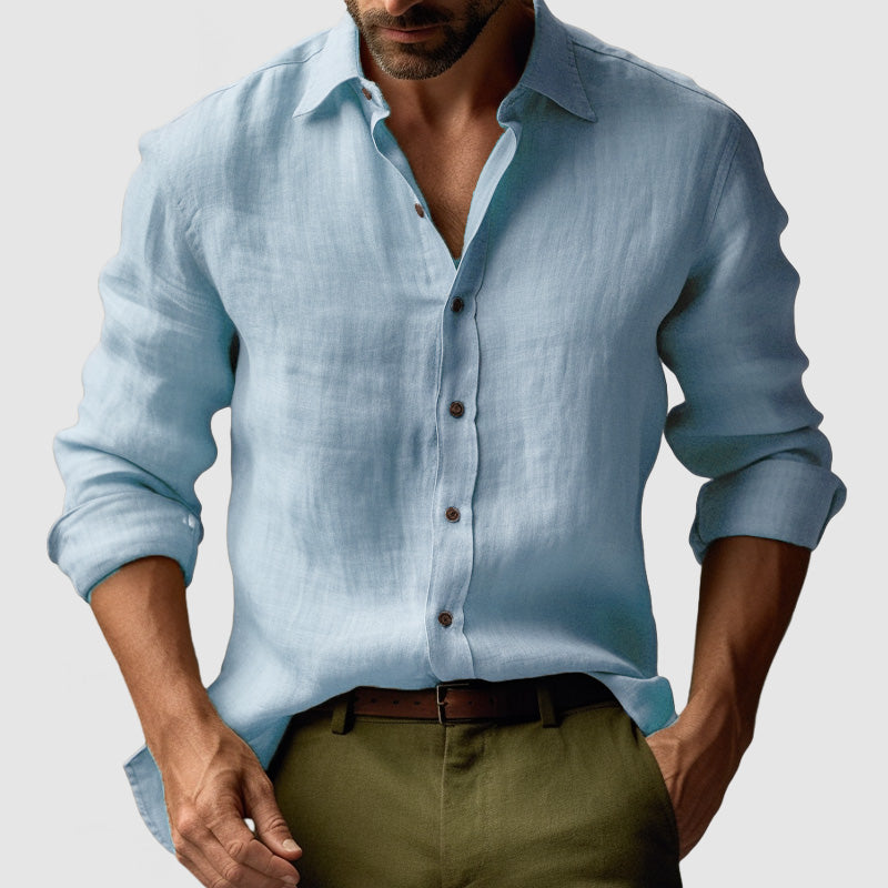 Everyday men's long sleeve button-up shirt with vintage flair. Smart-casual fashion for autumn.