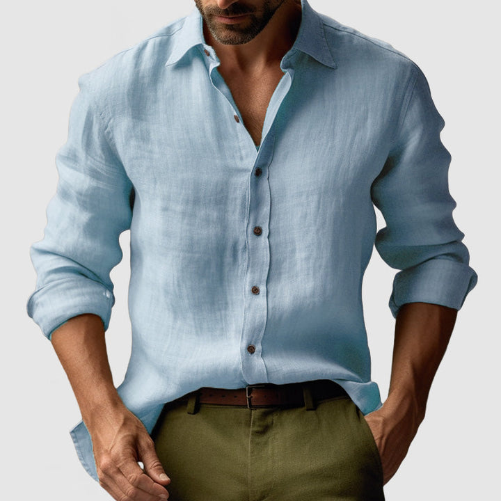 Everyday men's long sleeve button-up shirt with vintage flair. Smart-casual fashion for autumn.