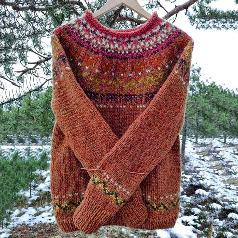 Close-up of men's geometric knit pattern sweater, a versatile & cozy long sleeve pullover for casual wear.