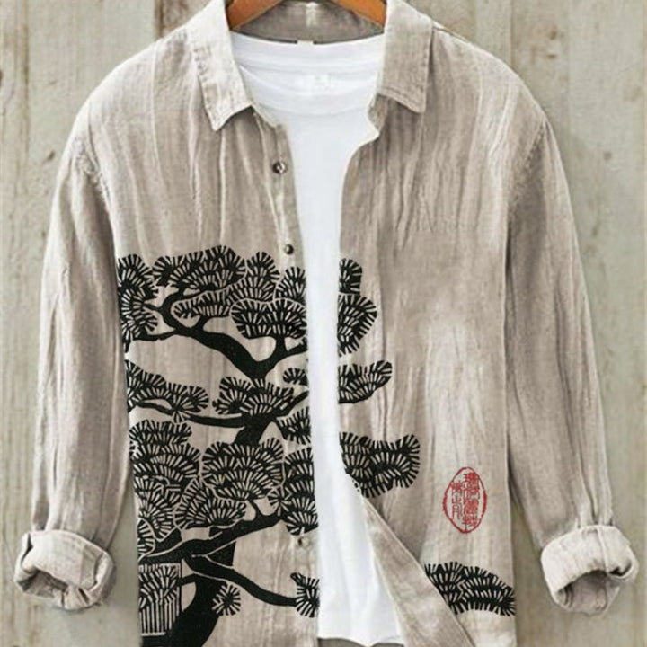 Japanese art print men's shirt, short sleeve, relaxed fit, cultural style for summer.