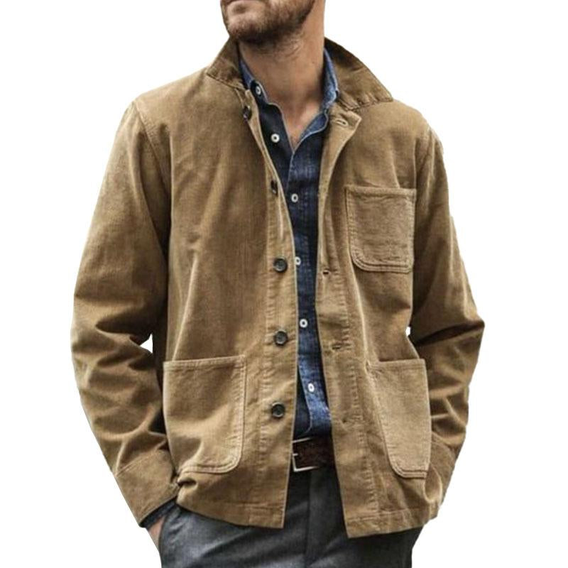 Men's vintage lapel jacket with stylish flap pockets, ideal for mid-season casual outerwear.