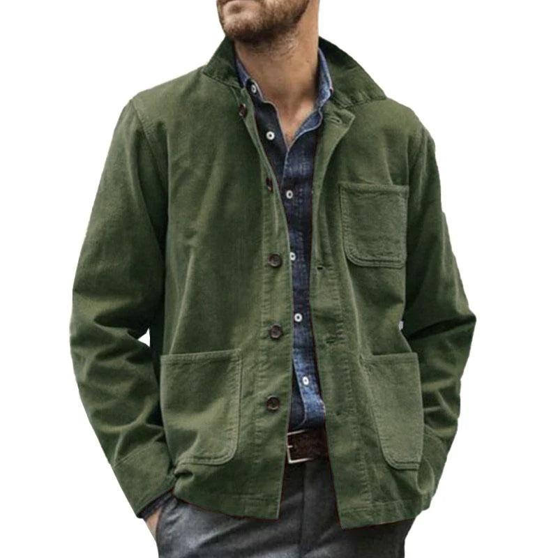 Army green men's vintage lapel jacket, a versatile mid-season outerwear piece with flap pockets.