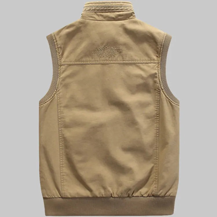 Men's vintage multi-pocket outdoor vest for fishing, hiking, & travel. Khaki green utility style adventure gear.