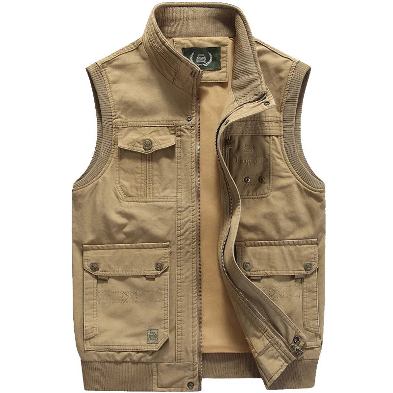 Khaki or green men's vintage utility vest with multi-pockets, perfect for fishing, hiking, or adventure travel.