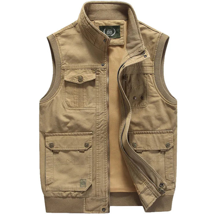 Khaki or green men's vintage utility vest with multi-pockets, perfect for fishing, hiking, or adventure travel.