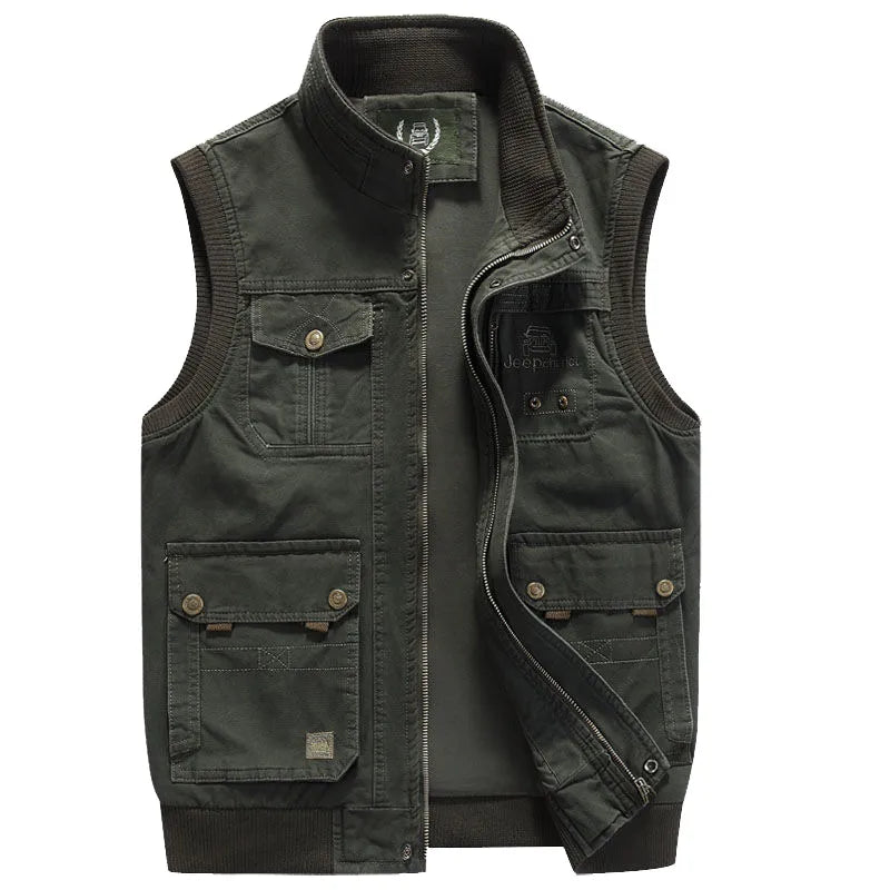 Rugged men's vintage outdoor vest in khaki, featuring practical multi-pockets for fishing, hiking, & travel.