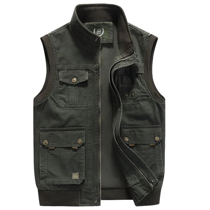 Rugged men's vintage outdoor vest in khaki, featuring practical multi-pockets for fishing, hiking, & travel.
