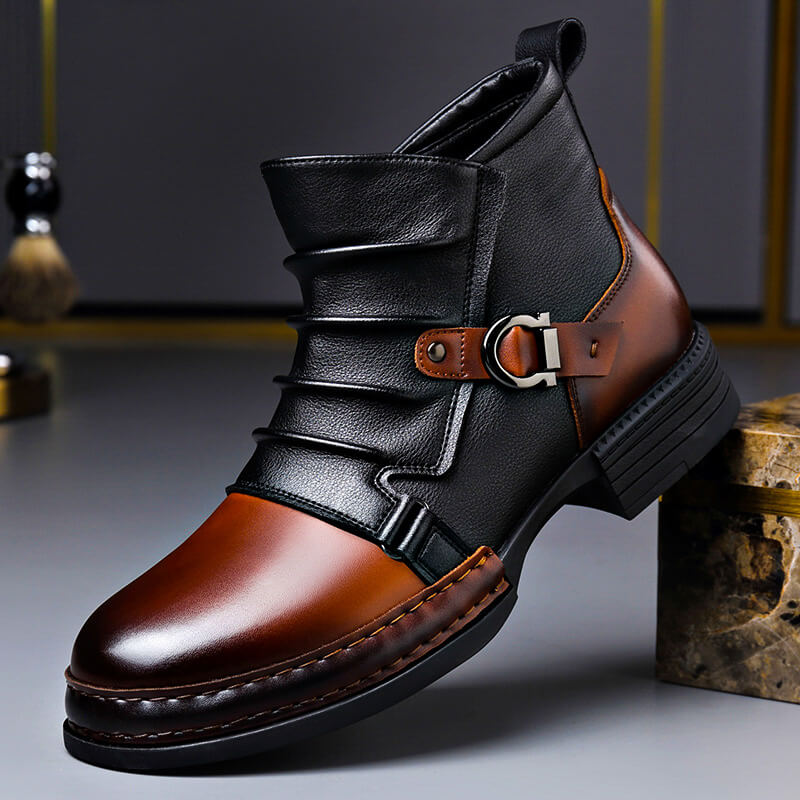 Men's vintage style brown leather comfort boots, durable and rugged for all seasons, classic walking footwear.