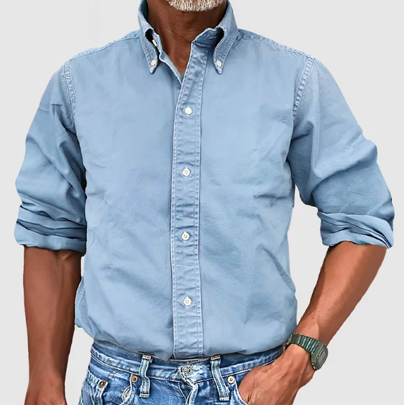 Stylish Men's long sleeve button-down shirt with a unique vintage wash finish and relaxed fit.