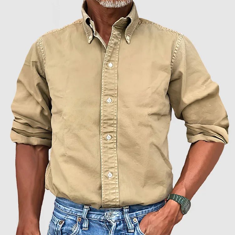Comfortable men's relaxed fit button-down shirt, long sleeve, vintage wash, with subtle embroidered detail.
