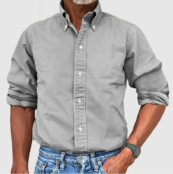 Embroidered men's vintage wash button-down shirt, long sleeve, relaxed fit, for casual or smart comfort.