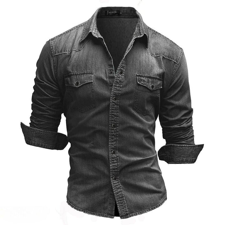Stylish men's denim button-up shirt with vintage wash, long sleeves, dual pockets. Perfect for casual & western wear.