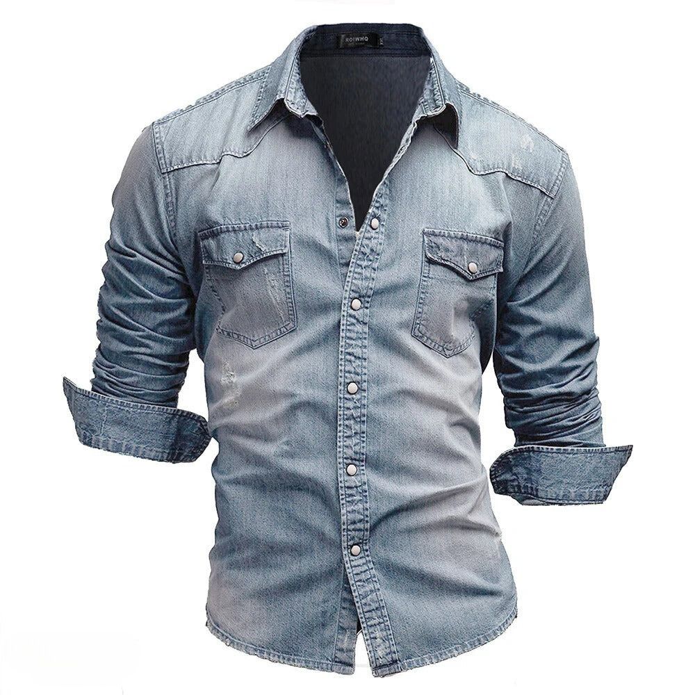 Durable men's long sleeve denim shirt, vintage wash, button-up. Ideal for everyday casual and western fashion.