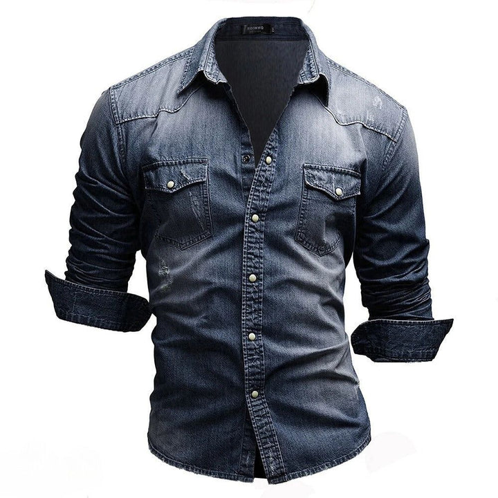 Classic men's vintage wash denim shirt featuring a button-up front, long sleeves, and practical chest pockets.