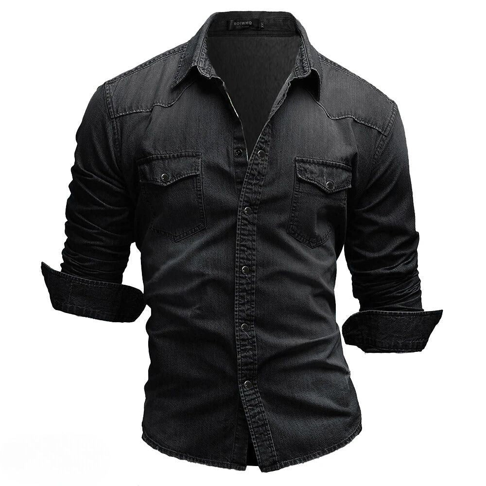 Men's fashion denim shirt, vintage wash, long sleeve, button-up. Features dual pockets for a stylish everyday look.
