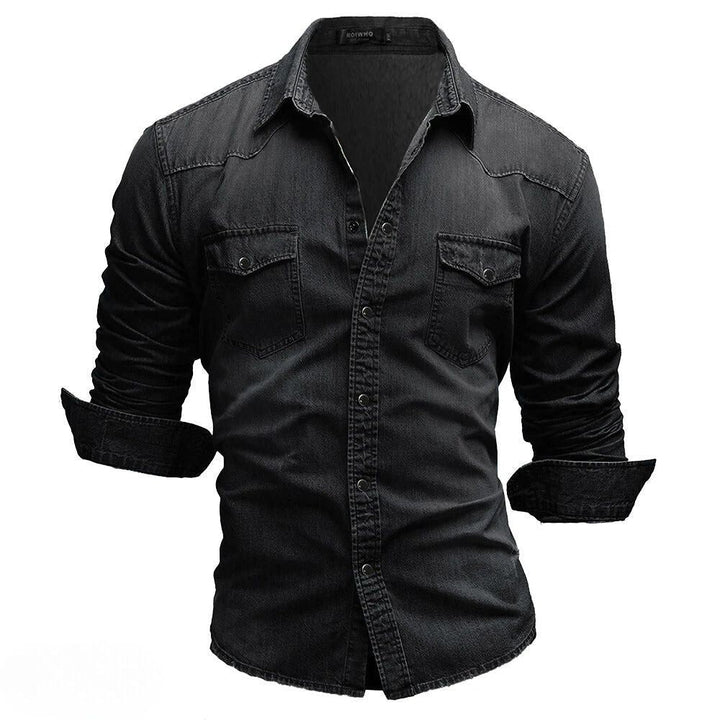 Men's fashion denim shirt, vintage wash, long sleeve, button-up. Features dual pockets for a stylish everyday look.