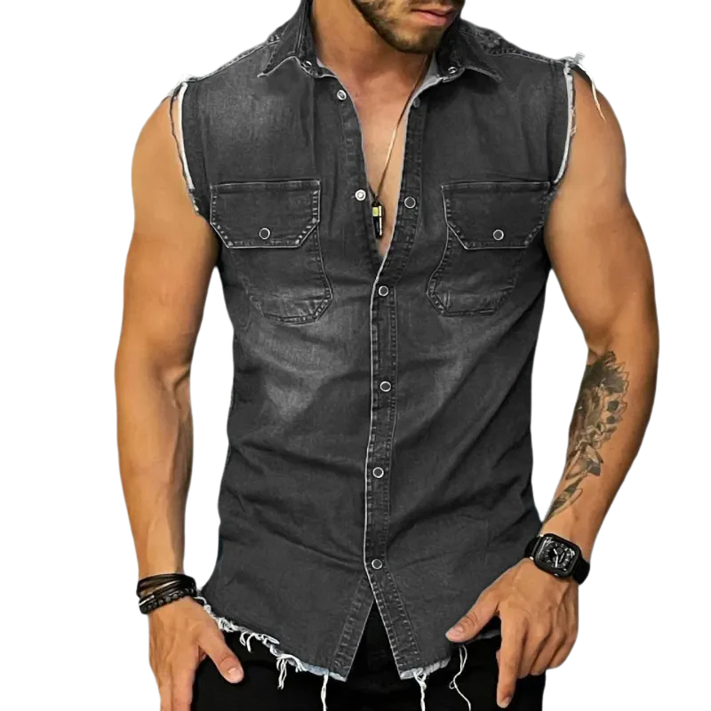 Men's vintage wash sleeveless vest shirt, rugged summer style. Perfect layering top for casual wear.
