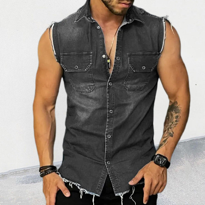 Classic men's button-up sleeveless vest with vintage wash and raw edge, ideal for rugged biker or cowboy style.