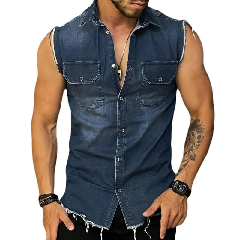 Rugged men's sleeveless button-up vest, vintage wash for a biker or cowboy look. Great layering top.