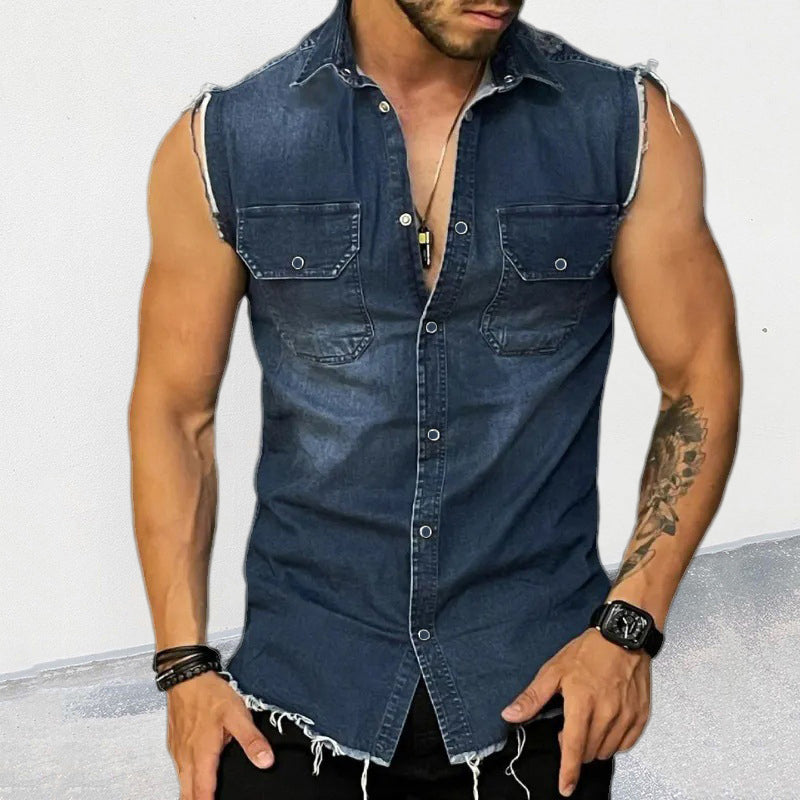 Men's summer sleeveless vest shirt with vintage wash, perfect for a rugged, casual, or biker-inspired outfit.