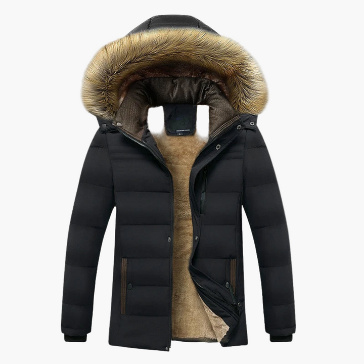 Men's warm fur-lined heavy-duty winter parka in classic black, full view