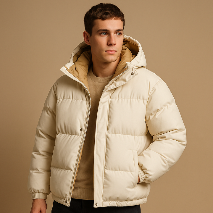 Sporty men's hooded puffer jacket, lightweight & insulated. Perfect outerwear for winter travel & outdoor comfort.