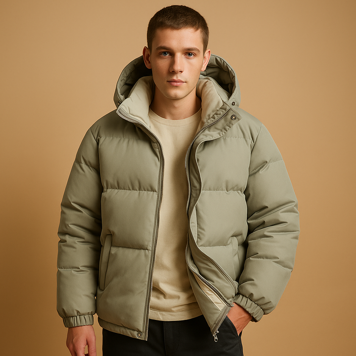 Durable men's hooded puffer jacket, providing superior insulation for winter and a sleek look for men's fashion.