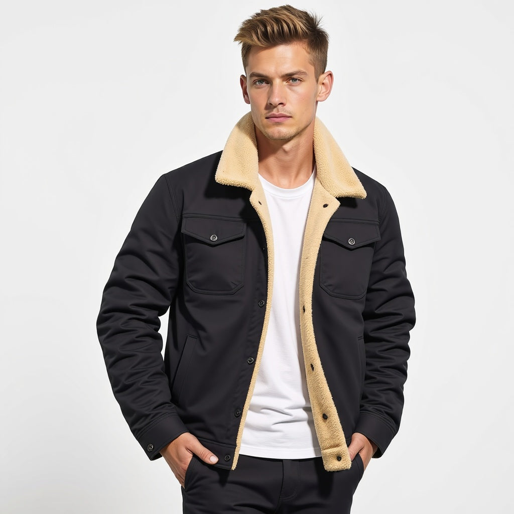 Side profile of a man wearing a warm lined jacket, showcasing its comfortable fit for winter