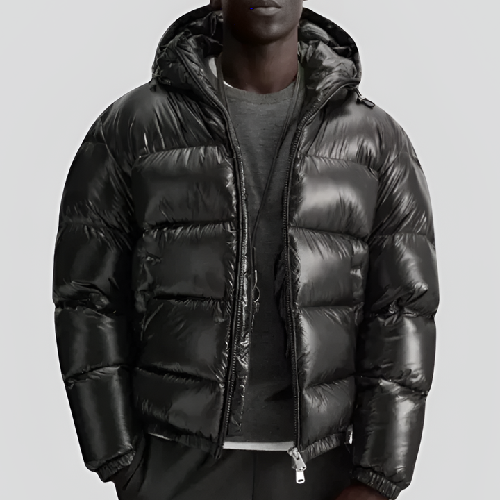 Men's warm quilted winter jacket with full zip & stand collar. Stylish outerwear for cold weather, versatile everyday.