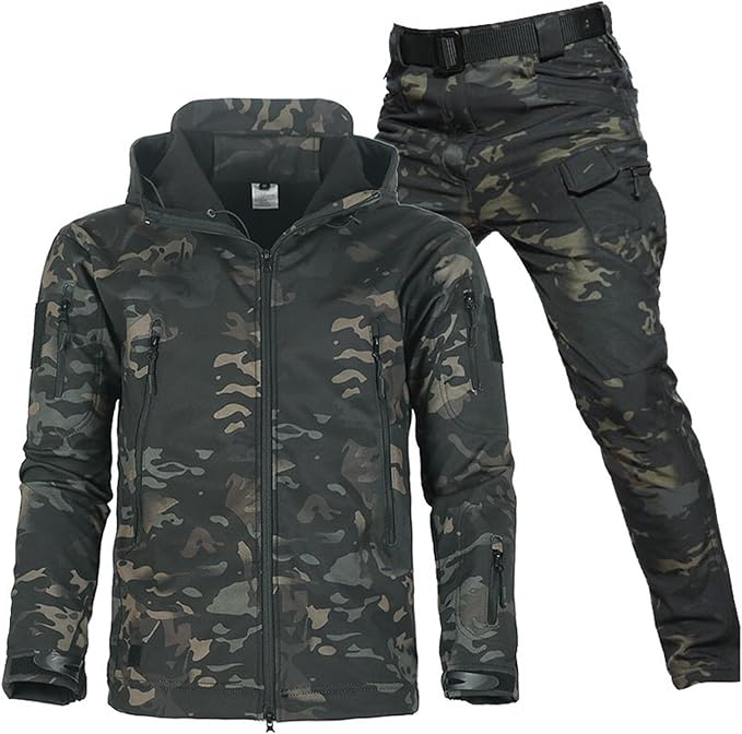 Men's essential outdoor gear: waterproof softshell jacket & tactical pants set for any adventure.