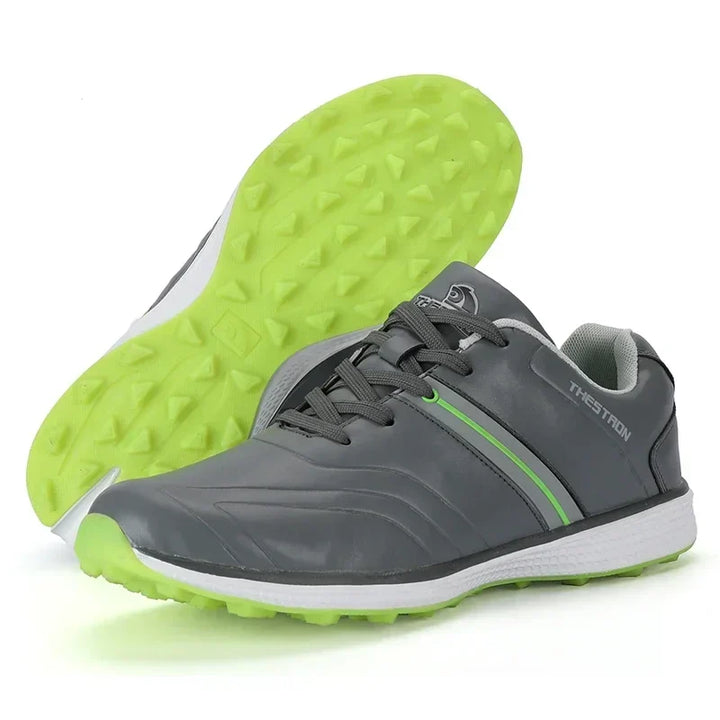 Close-up of men's waterproof golf shoes, highlighting material texture & detailed design.