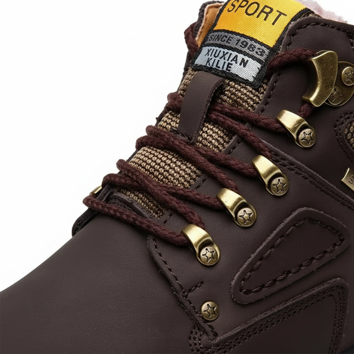 Insulated men's waterproof winter boots, keeping feet warm and dry in cold, snowy conditions.