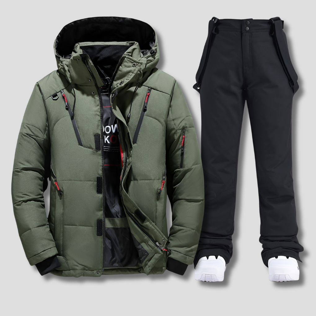 Waterproof & insulated men's ski suit. Durable snow gear for extreme cold, skiing, snowboarding, and winter sports activities.