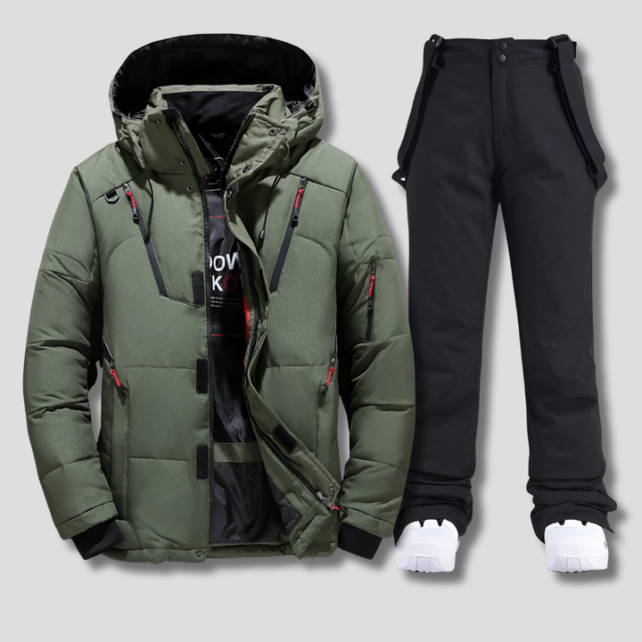 Waterproof & insulated men's ski suit. Durable snow gear for extreme cold, skiing, snowboarding, and winter sports activities.