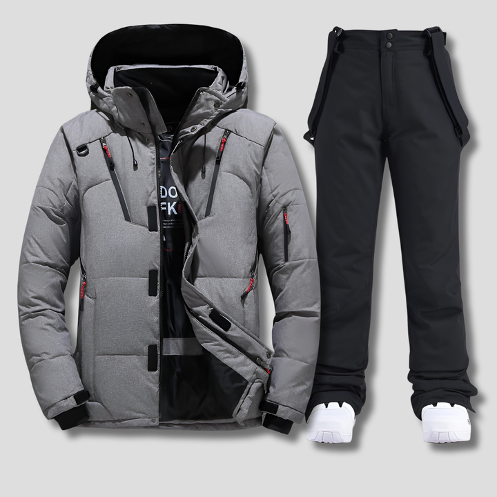 Active men's ski wear with adjustable fit. Stylish weather-resistant snow suit for winter sports, skiing, and outdoor adventures.