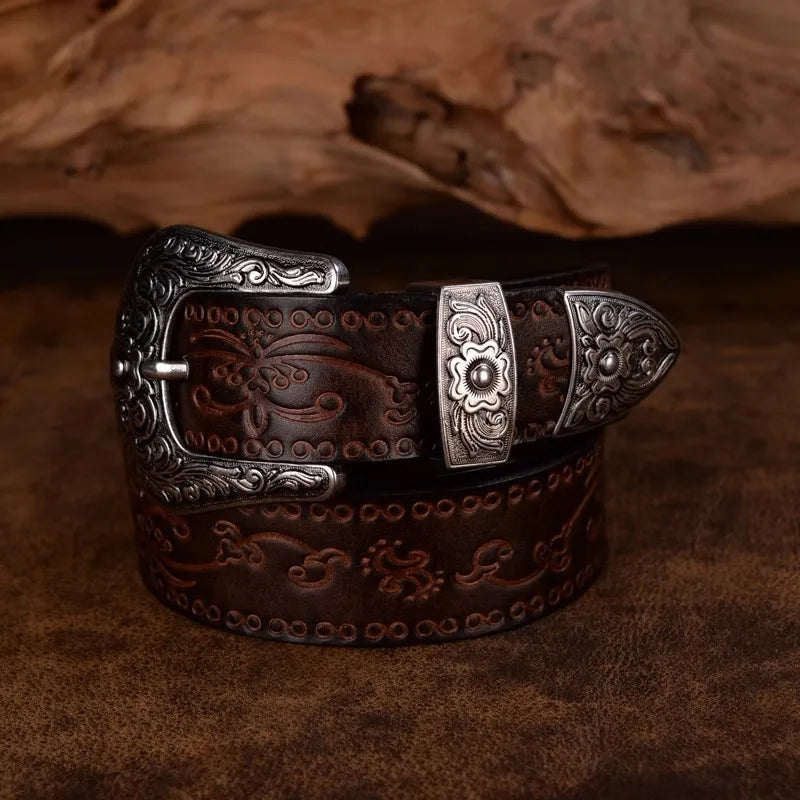 Brown leather men's western belt with detailed scroll engraved metal buckle, ideal for casual wear.