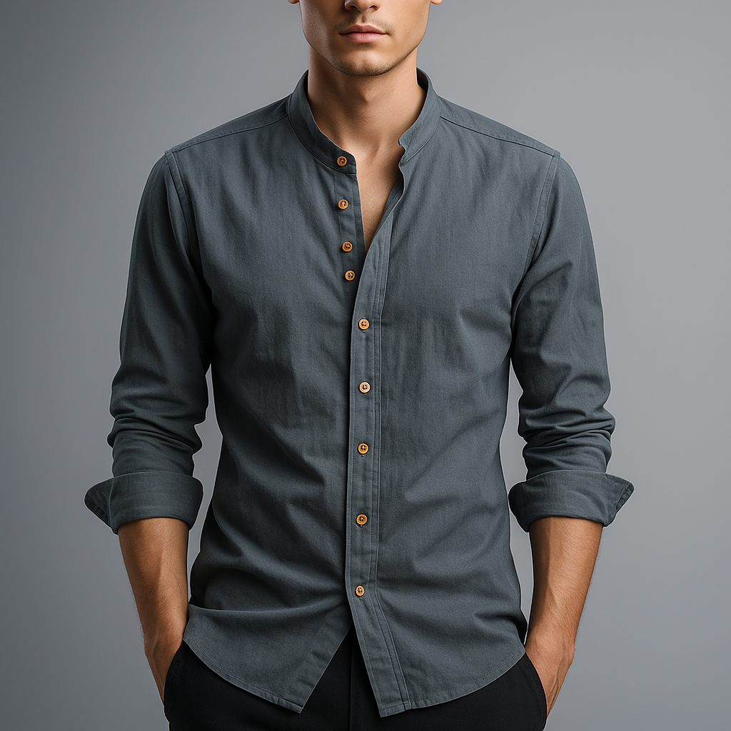 Close-up of the band collar on a men's white cotton-linen shirt, button-down detail