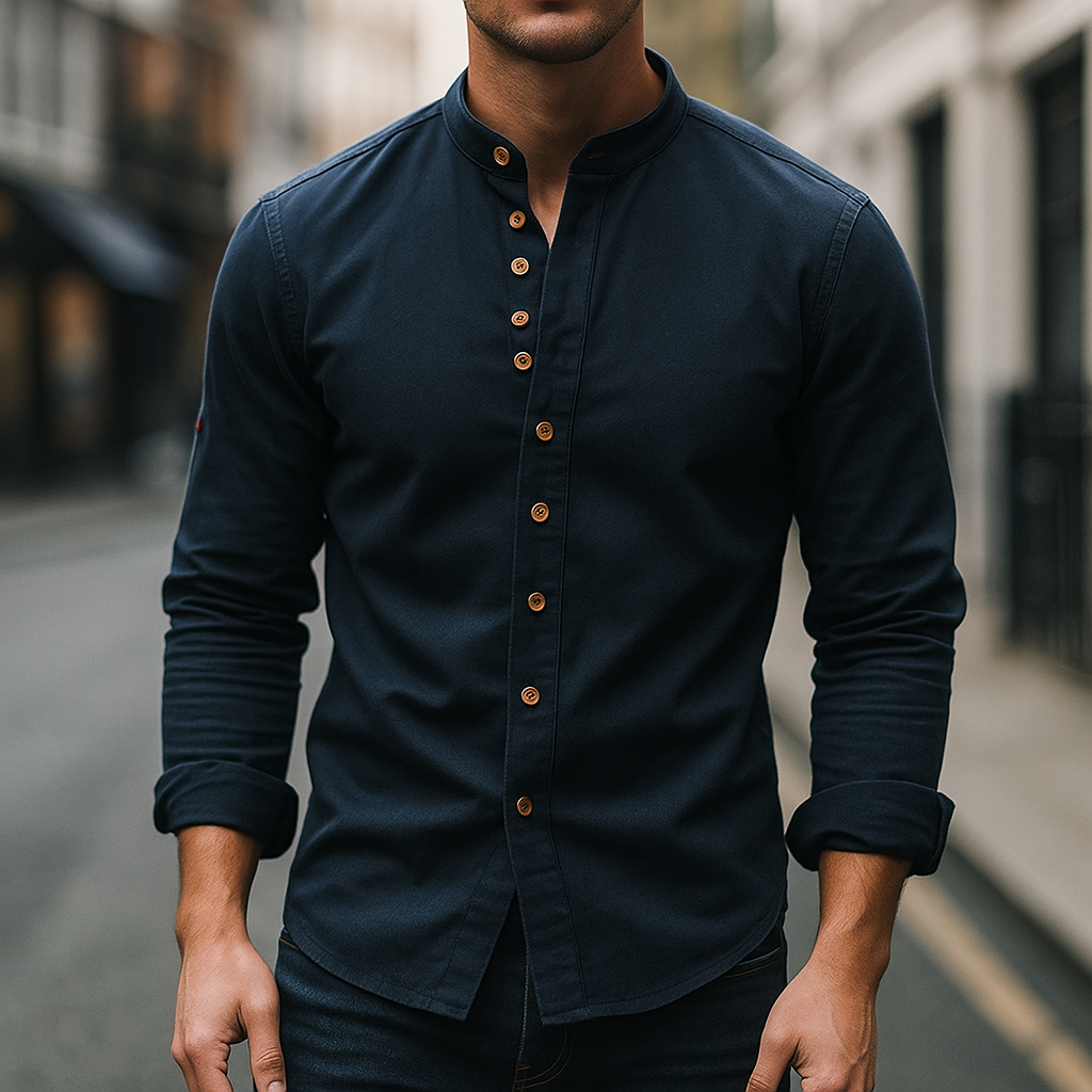 Full-length view of a men's white cotton-linen band collar shirt, perfect for casual wear