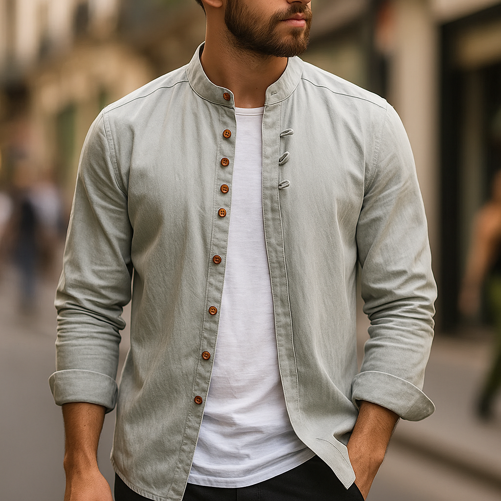 Men's white cotton-linen shirt, long sleeve, subtle texture, ideal for warm weather