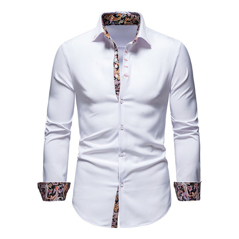 Men's white dress shirt with subtle floral cuff detail, a versatile button-down for formal or casual wear.