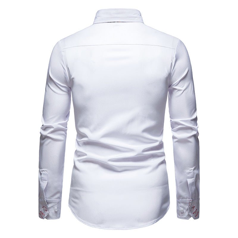 White long-sleeve men's dress shirt featuring unique floral pattern on the inside of the cuffs.