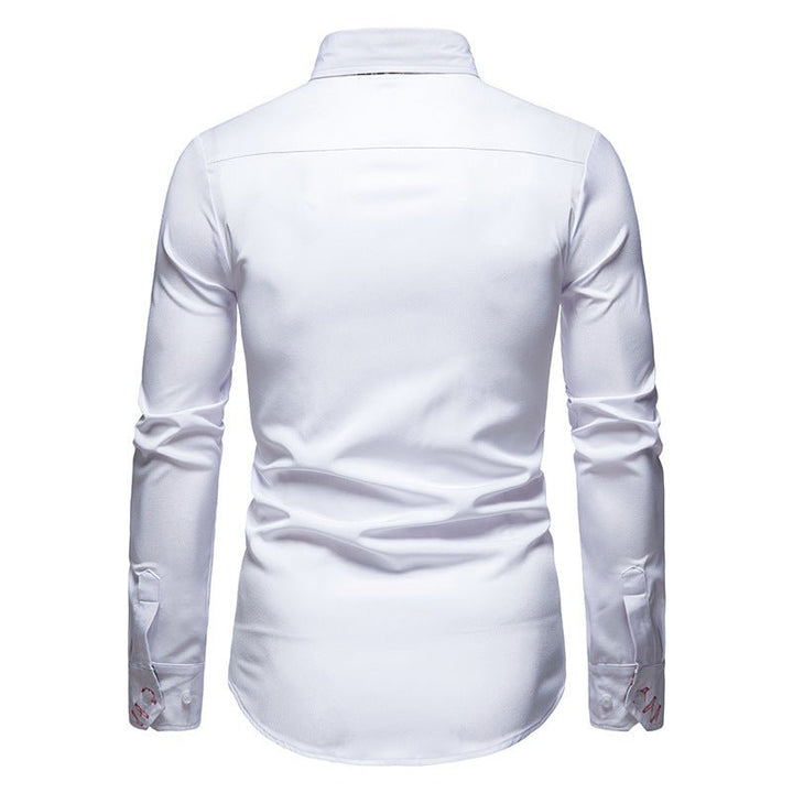 White long-sleeve men's dress shirt featuring unique floral pattern on the inside of the cuffs.