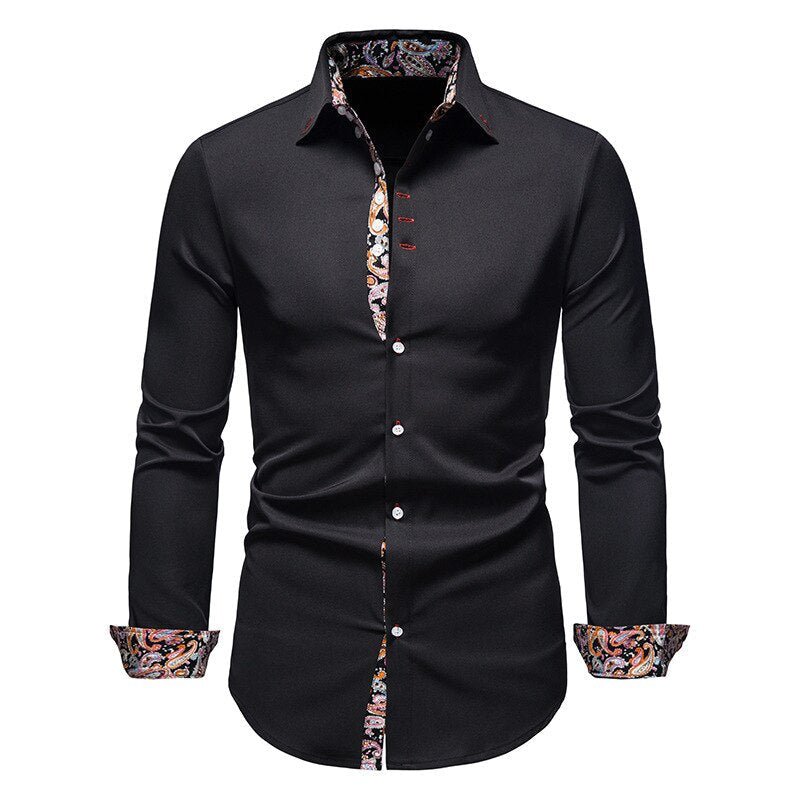 Fashionable white men's apparel: a dress shirt with a sophisticated floral design on the turn-back cuffs.