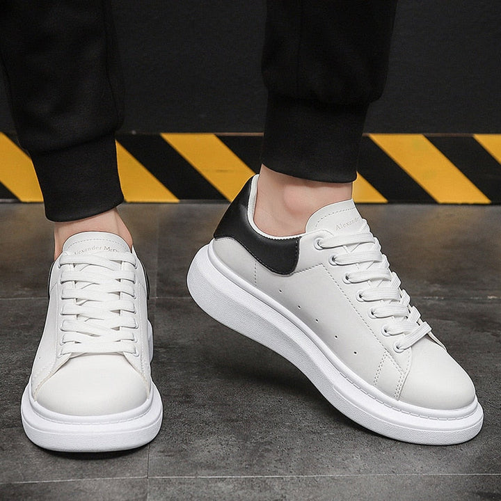 Men's white lace-up platform casual sneakers. Comfortable, minimalist streetwear shoes for everyday wear.