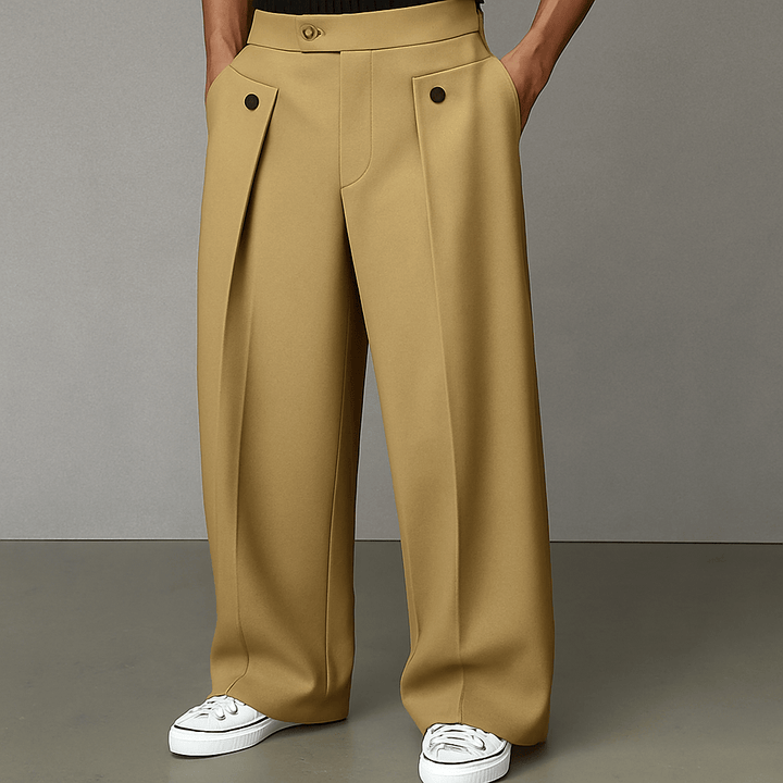 Modern men's wide-leg flared pants. Comfortable relaxed fit trousers, perfect for everyday casual fashion.